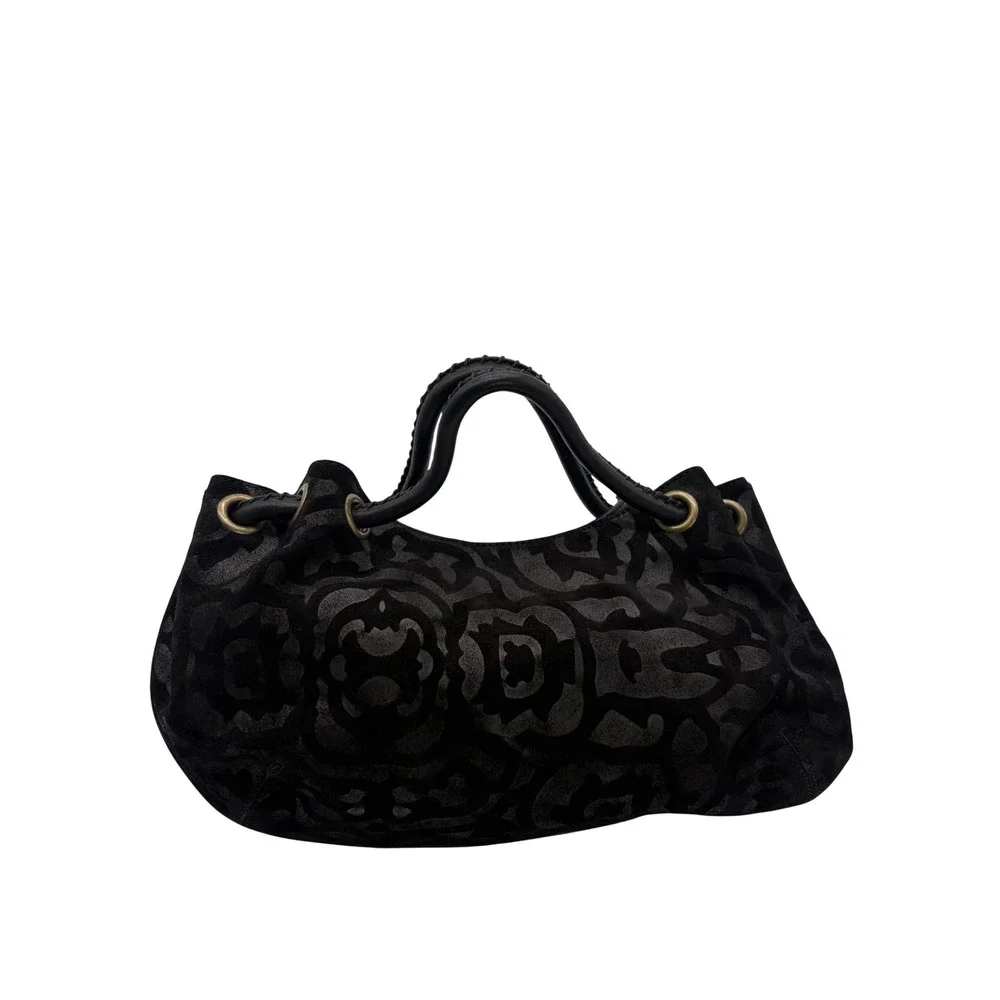 Cole‎ Haan Black Suede Embossed Floral Damask Handbag Braided Leather Handle